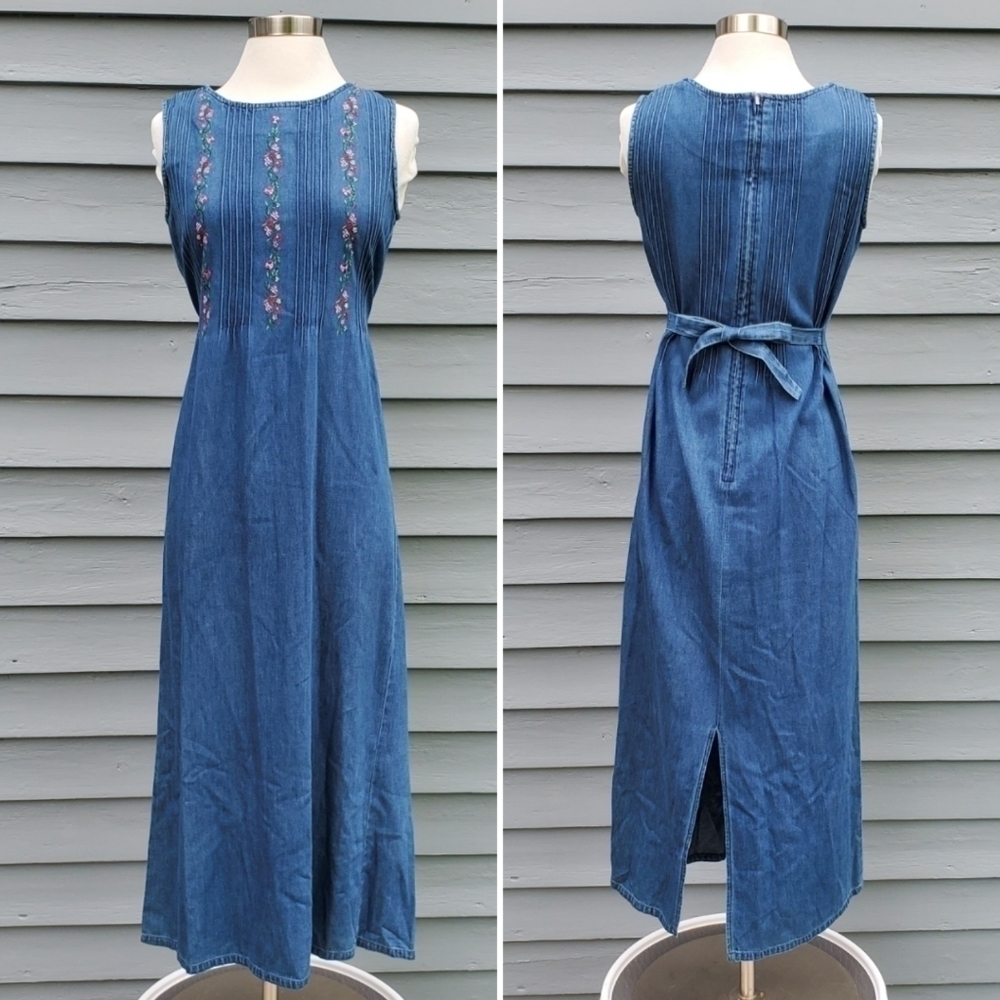 Vintage 90s y2k Floral Embroidered Denim Baptist Homeschool Mom Jumper Dress 6 - Picture 1 of 10